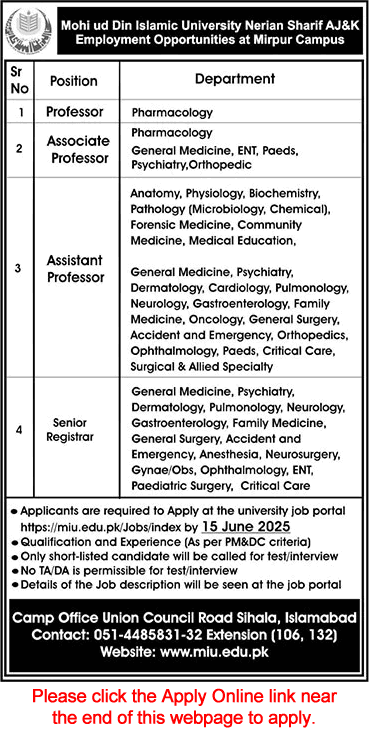 Mohi Ud Din Islamic University Nerian Sharif AJK Jobs 2025 June Apply Online Teaching Faculty Latest