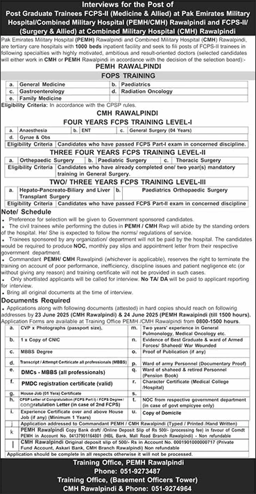 CMH / PEMH Rawalpindi FCPS Postgraduate Training 2025 June Combined Military Hospital Latest