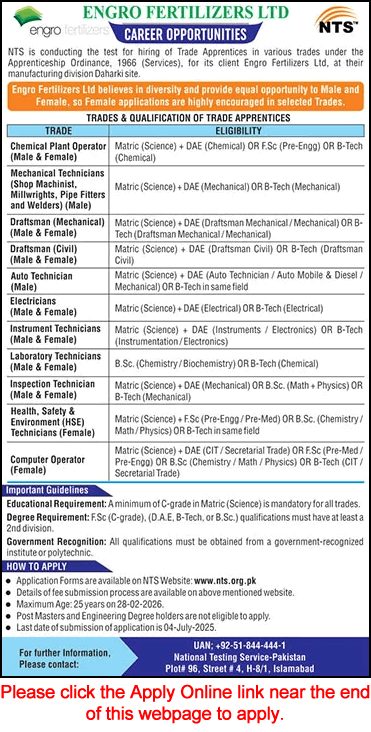 Engro Fertilizer Apprenticeships 2025 June NTS Application Form Trade Apprentices Jobs Latest