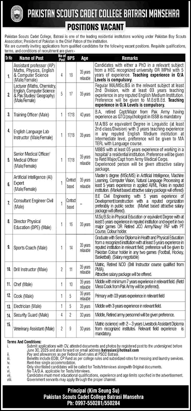 Pakistan Scouts Cadet College Batrasi Jobs June 2025 Mansehra Teaching Faculty & Others Latest