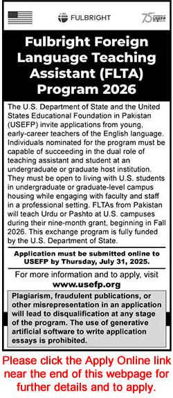 Fulbright Foreign Language Teaching Assistant Program 2025 June Apply Online FLTA USEFP Latest