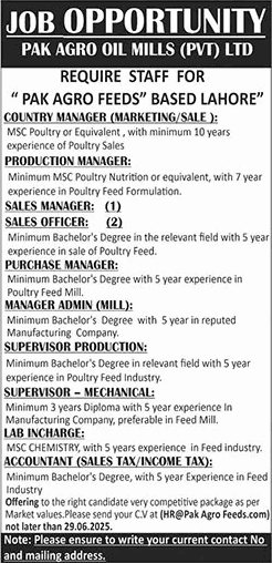 Pak Agro Feeds Lahore Jobs 2025 June Sales Officer / Manager, Lab Incharge & Others Latest