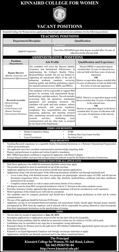 Kinnaird College for Women Lahore Jobs June 2025 Teaching Faculty, Research Associates & Deputy Director KCW Latest