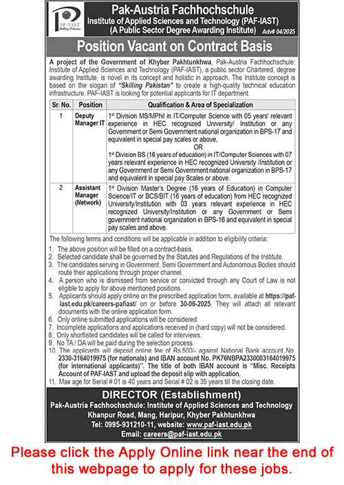 PAF IAST Haripur Jobs June 2025 Apply Online Assistant Manager & Deputy Manager IT Latest