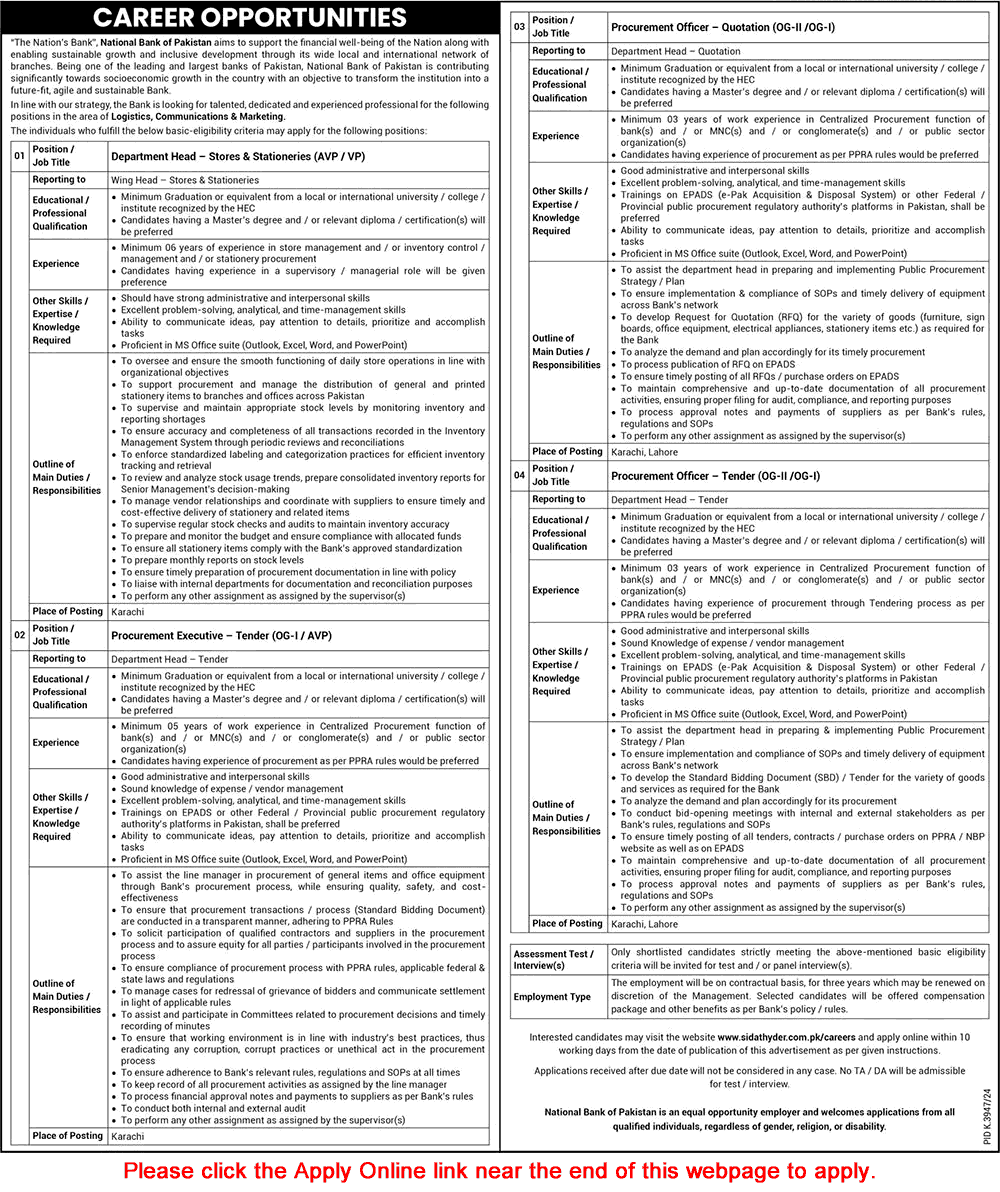 National Bank of Pakistan Jobs June 2025 Apply Online Procurement Officers & Others NBP Latest