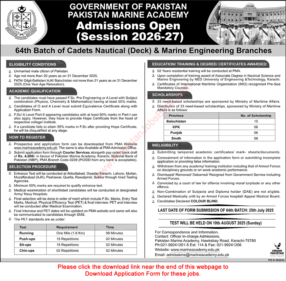 Pakistan Marine Academy Karachi Admission 2026 - 2027 Application Form PMA Join as Nautical / Marine Cadet Latest