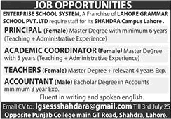 Enterprise School System Lahore Jobs 2025 June Teachers & Others Lahore Grammar School Latest