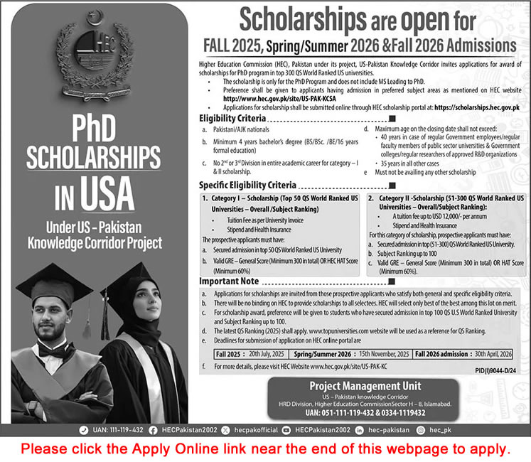 HEC Overseas PhD Scholarships 2025 June / July Apply Online US Pakistan Knowledge Corridor Latest