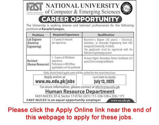 FAST National University Karachi Jobs June 2025 July Apply Online Lab Engineer & Assistant Latest