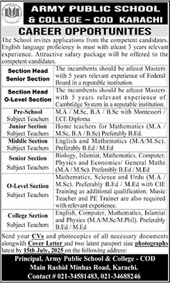 Army Public School and College COD Karachi Jobs June 2025 July Teachers & Others APS&C Latest