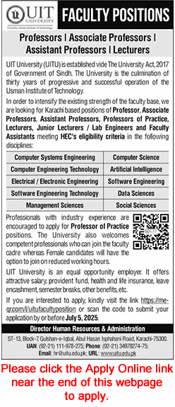 UIT University Karachi Jobs 2025 June / July Apply Online Teaching Faculty & Lab Engineers Latest
