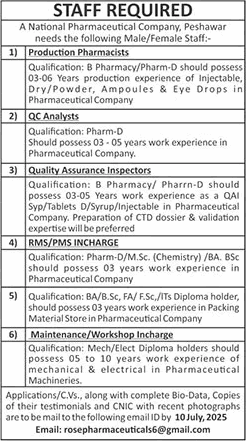 Rose Pharmaceuticals Peshawar Jobs 2025 June / July QC Analysts, QA Inspectors & Others Latest