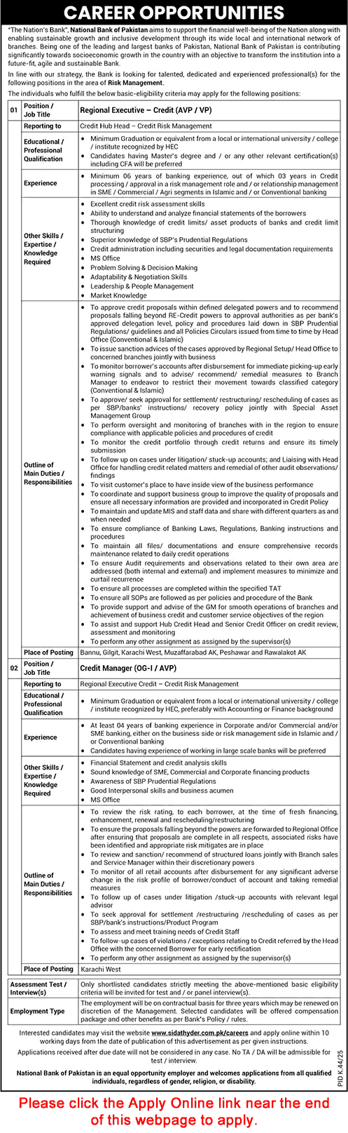 National Bank of Pakistan Jobs July 2025 Apply Online Credit Executives & Managers NBP Latest