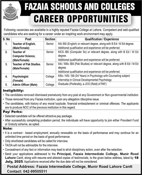 Fazaia Inter College Lahore Jobs July 2025 Teachers & Others FIC Latest