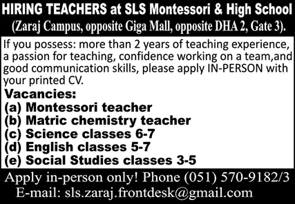 SLS Montessori and High School Islamabad Jobs July 2025 Teachers at Zaraj Campus Latest