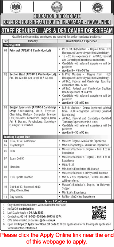 Defence Education System Islamabad / Rawalpindi Jobs 2025 July Apply Online Teachers & Others DHA Latest