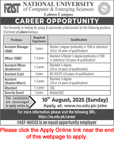 FAST National University Lahore Campus Jobs July 2025 August Apply Online Lab Assistant, Security Guard & Others Latest