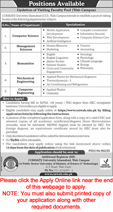 COMSATS University Wah Campus Jobs 2025 August Online Application Form Teaching Faculty CUI Latest