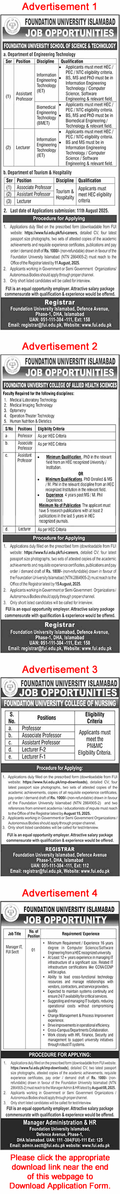 Foundation University Islamabad Jobs August 2025 Application Form Teaching Faculty & IT Manager Latest