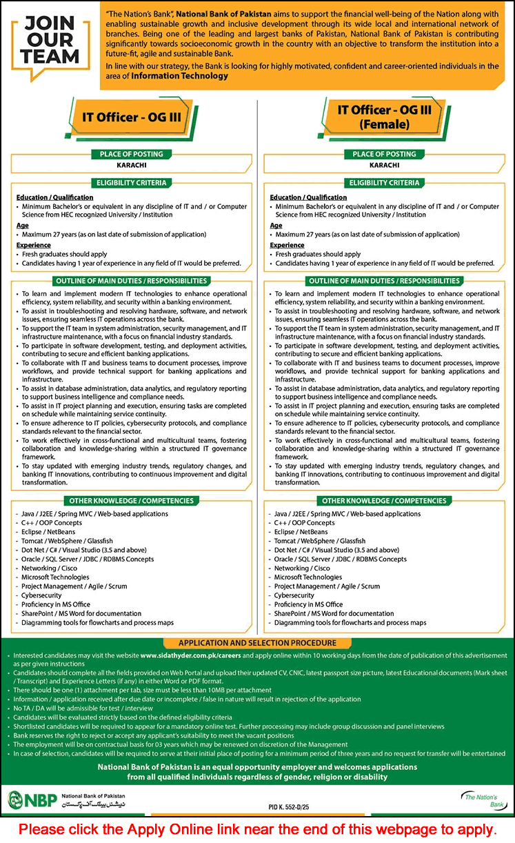 IT Officer Jobs in National Bank of Pakistan August 2025 Apply Online NBP OG-III Latest