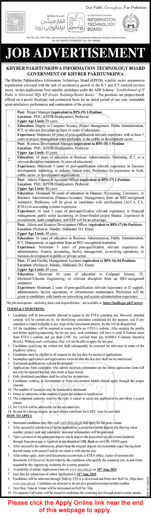 KPK IT Board Jobs August 2025 ETEA Apply Online Admin / Business Development Officers & Others Latest