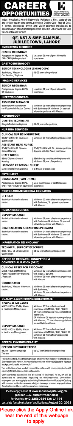 Indus Hospital Lahore Jobs August 2025 Apply Online Nurses, Medical Specialists & Others Latest
