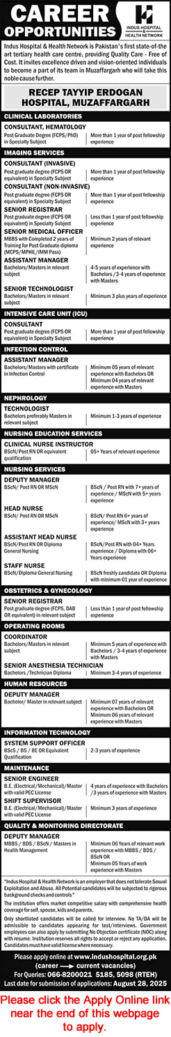 Indus Hospital Muzaffargarh Jobs August 2025 Apply Online Recep Tayyip Erdogan Hospital Latest