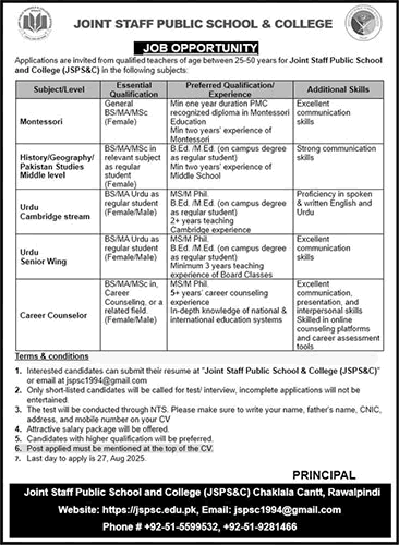 Joint Staff Public School and College Rawalpindi Jobs August 2025 Teachers & Others Latest