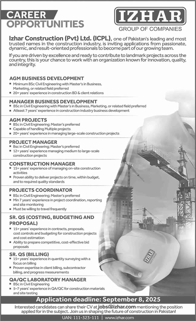 Izhar Construction Pvt Ltd Jobs 2025 August Construction / Project Manager & Others Latest