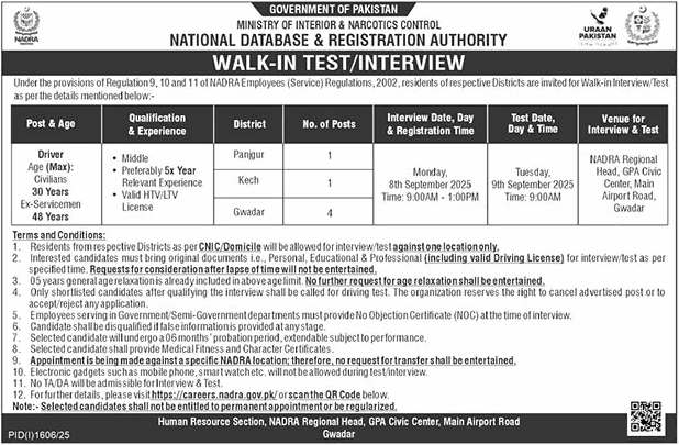 Driver Jobs in NADRA August 2025 Walk in Test / Interview Gwadar Region Latest