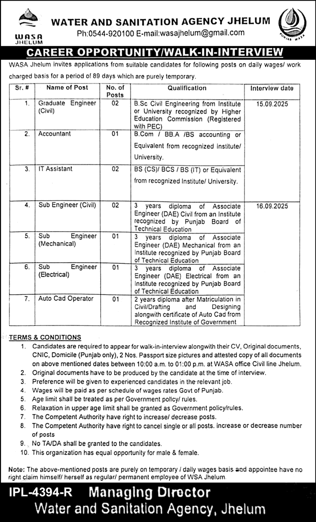 WASA Jhelum Jobs 2025 August / September Sub Engineers, IT Assistants & Others Walk in Interview Latest