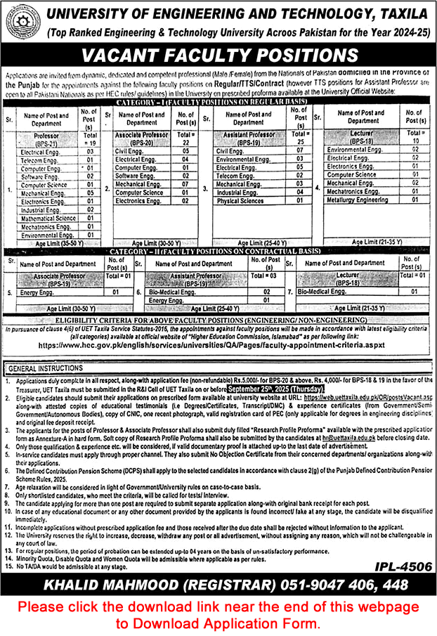 UET Taxila Jobs September 2025 Application Form Teaching Faculty University of Engineering and Technology Latest