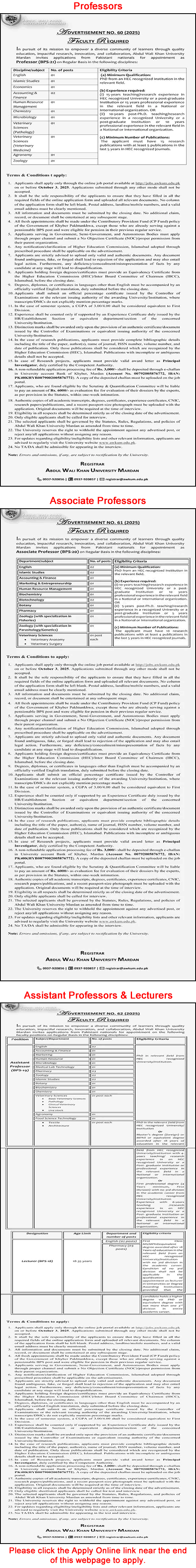 Abdul Wali Khan University Mardan Jobs 2025 September Apply Online Teaching Faculty AWKUM Latest