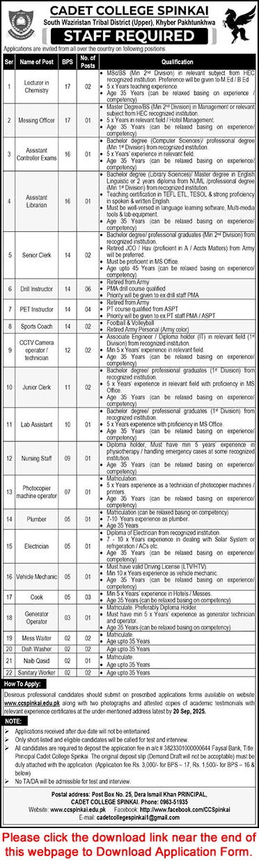Cadet College Spinkai Jobs 2025 September Application Form Lecturers, Drill Instructors & Others Latest