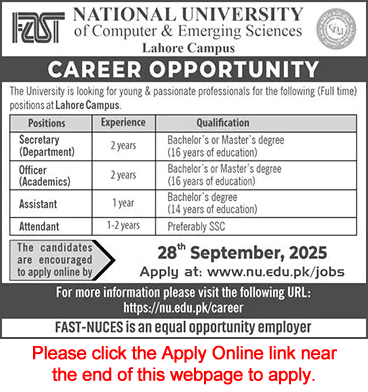 FAST National University Lahore Jobs September 2025 Apply Online Academics Officer, Assistant & Others Latest