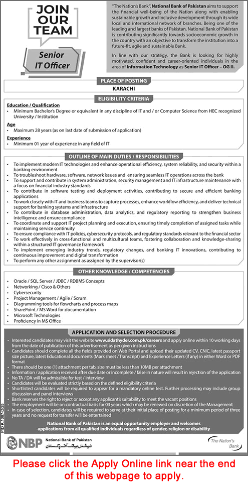 IT Officer Jobs in National Bank of Pakistan September 2025 Apply Online NBP Latest