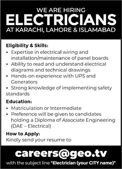 Electrician Jobs in GEO TV Islamabad / Lahore / Karachi 2025 September Latest