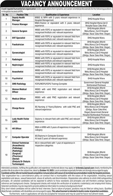 NGO Jobs in KPK September 2025 October Medical Technicians, Nurses & Others NMD MERF Latest