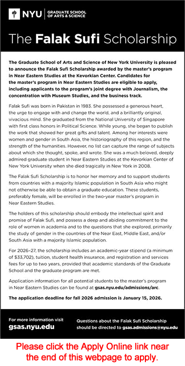 Falak Sufi Scholarship 2025 September / October Apply Online for Master's Program at GSAS NYU Latest