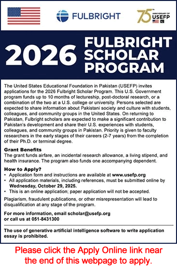 Fulbright Scholarship Pakistan 2026 Application Form for USEFP Scholars Program Latest