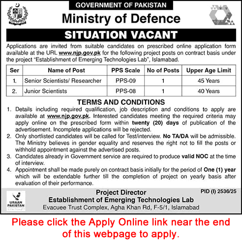 Scientist / Researcher Jobs in Ministry of Defence Islamabad September 2025 October Apply Online Latest