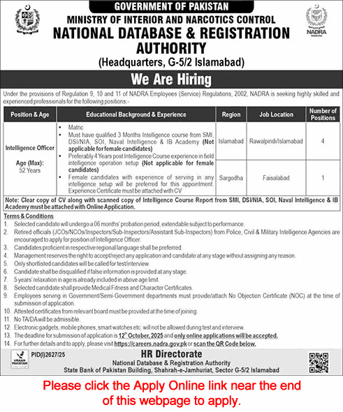 Intelligence Officer Jobs in NADRA September 2025 October Apply Online National Database and Registration Authority Latest