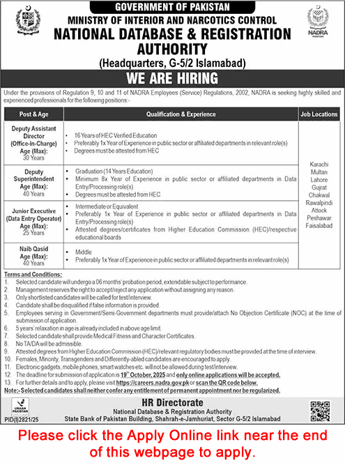 NADRA Jobs October 2025 Apply Online Junior Deputy Assistant Directors, Junior Executives & Others Latest