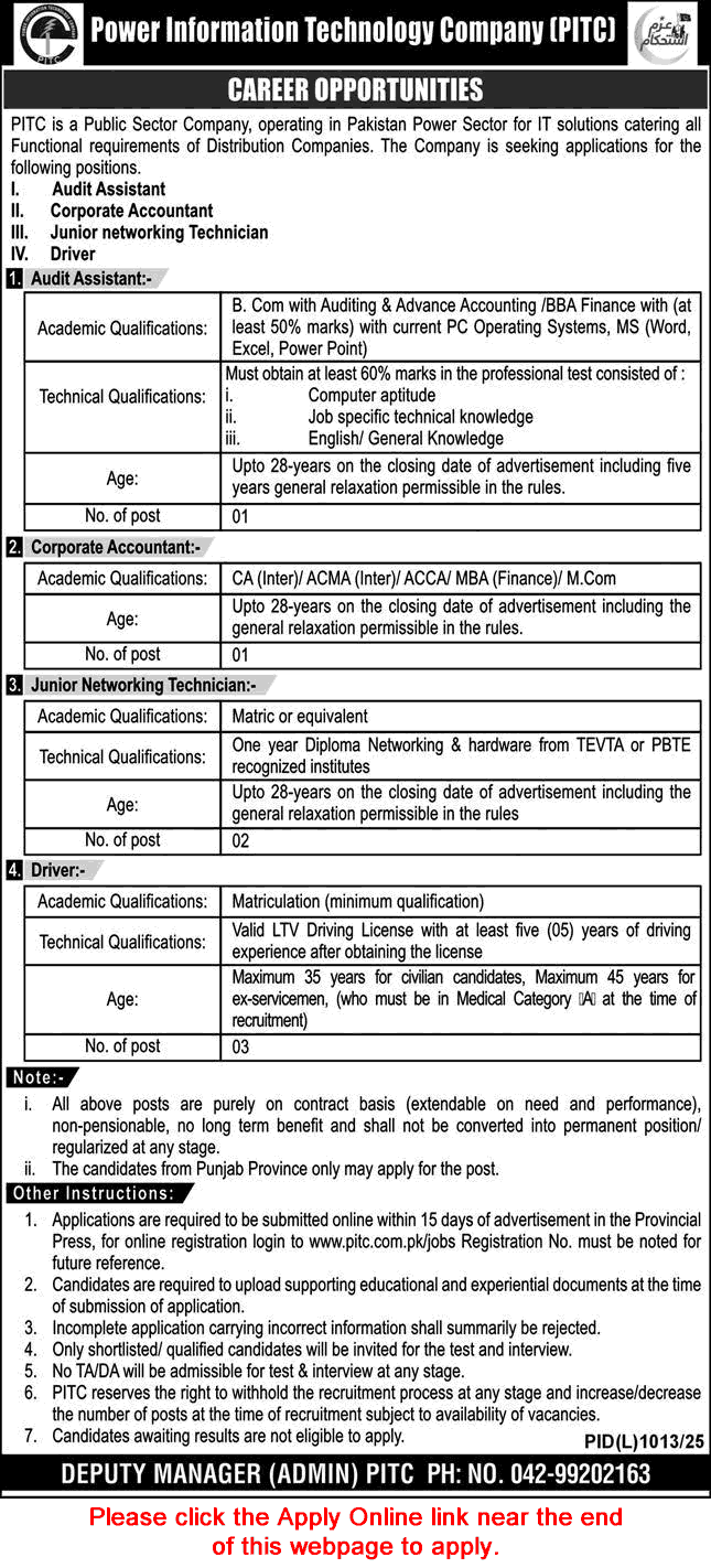 Power Information Technology Company Jobs October 2025 Apply Online PITC WAPDA Networking Technician & Others Latest