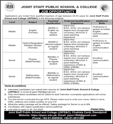 Teaching Jobs in Joint Staff Public School and College Rawalpindi October 2025 JSPS&C Latest