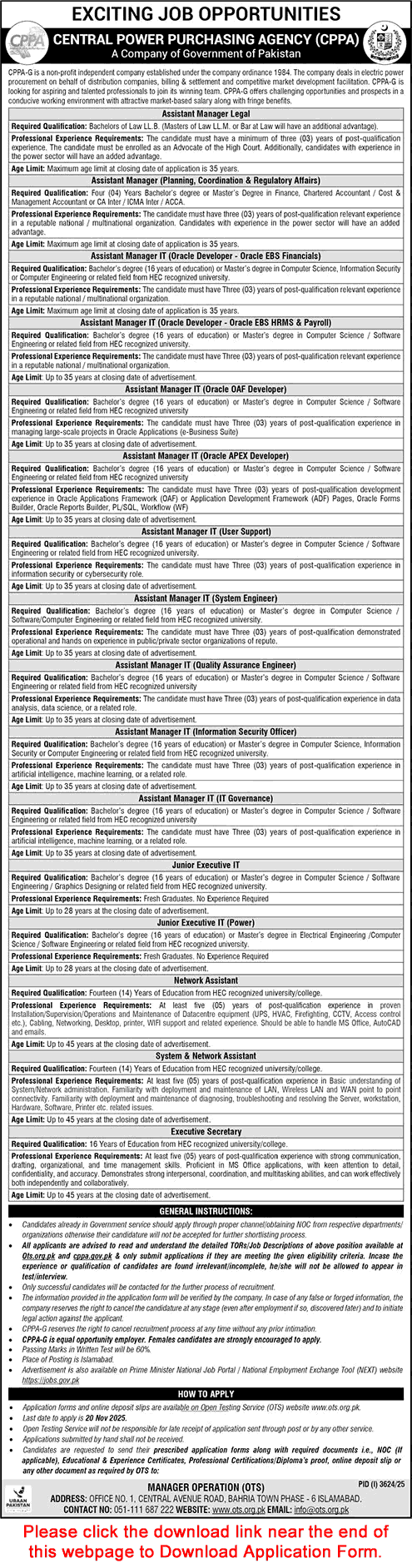 Central Power Purchasing Agency Jobs November 2025 OTS Application Form Assistant Managers & Others CPPA Latest