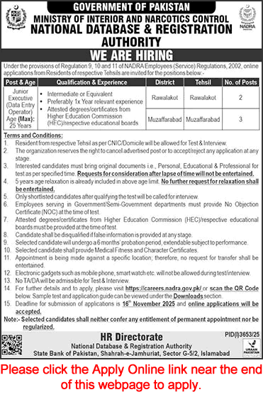 Junior Executive Jobs in NADRA AJK November 2025 Apply Online Data Entry Operators Walk in Test / Interview Latest