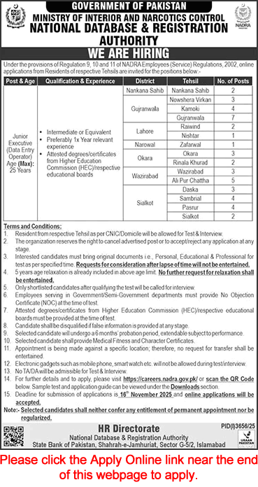 Junior Executive Jobs in NADRA Punjab November 2025 Walk in Test / Interview Apply Online Latest