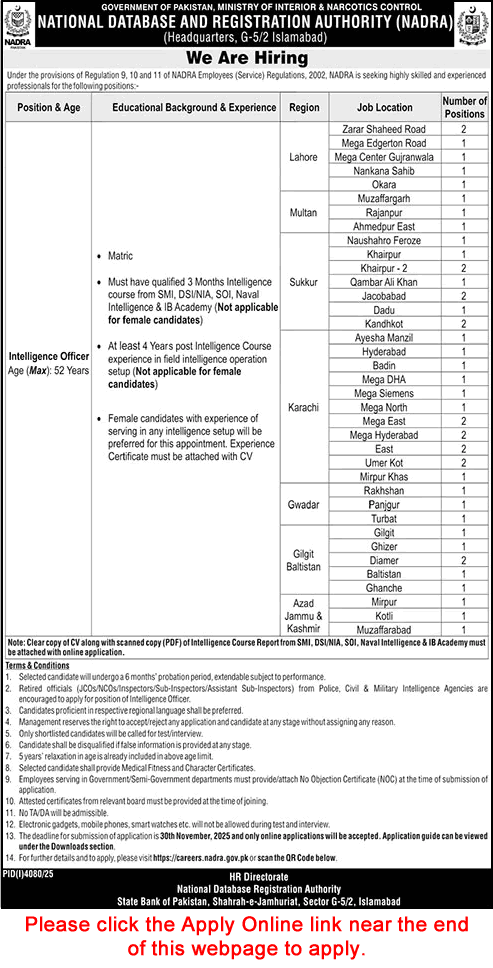 Intelligence Officer Jobs in NADRA November 2025 Apply Online National Database and Registration Authority Latest