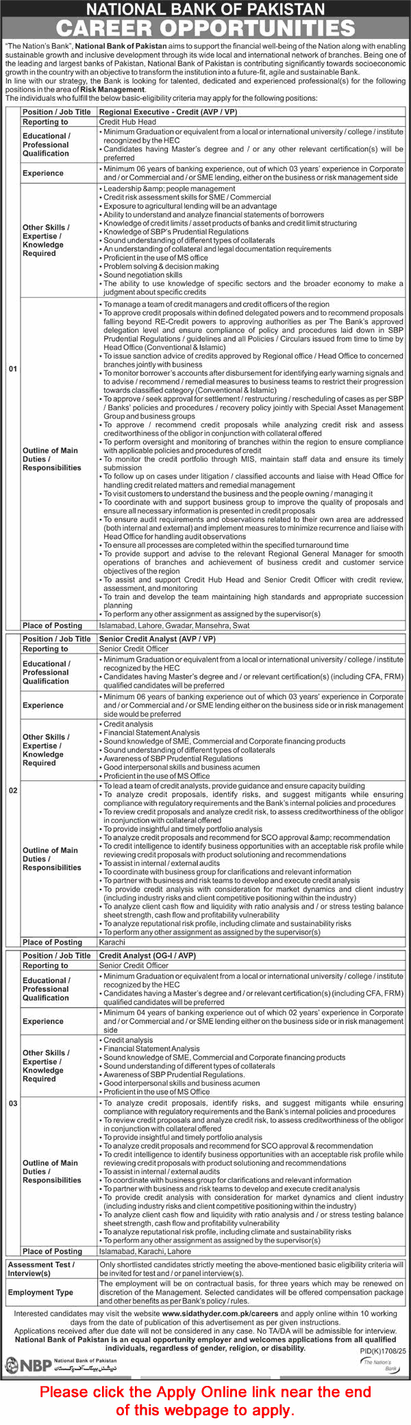 National Bank of Pakistan Jobs November 2025 Apply Online Credit Analysts & Regional Executive Latest